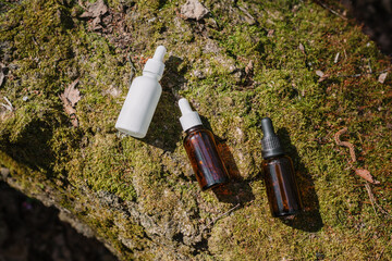 A dark and light glass serum bottle with a dropper, tree bark wood, moss. forest on a sunny day nature background. Concept of skin care, hydration, cosmetic demonstration eco-friendly product mock up