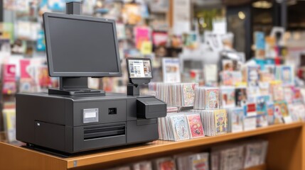 Hybrid POS setup at a newsstand with a card reader and a mobile device in use focused on the machine while the surrounding environment remains blurred.