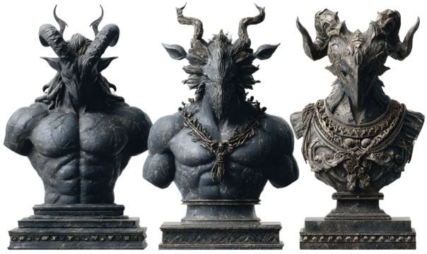 Horned god statue set isolated with detailed stone bronze textures, muscular mythological figures with horns arranged as horned statue set, ancient deity statue isolated for fantasy set concept