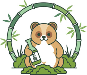 Cute Panda Bear with Sake Bottle in Bamboo Frame.