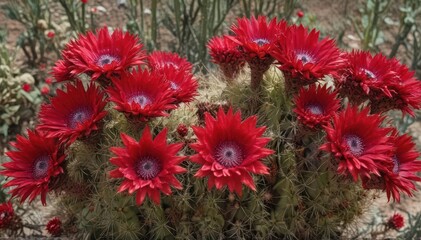 Crimson blooms burst from a cluster of spiky cacti , prickles, plant, wallpaper