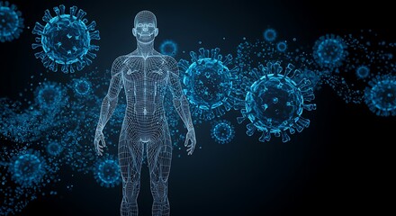 Wireframe Human Body Facing Viral Threat: A Cool Blue Medical Illustration