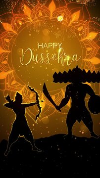 Happy Dussehra Greetings Text Background Animation With Mandala Design, Lord Ram, Ravan and Fireworks.
