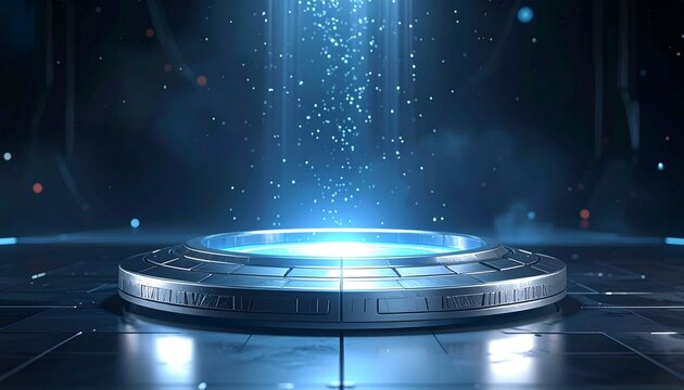 Sci-Fi Chamber with Glowing Blue Platform and Circular Portal