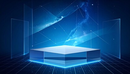 Digital Podium with Glowing Blue Ring and Virtual Grid Floor