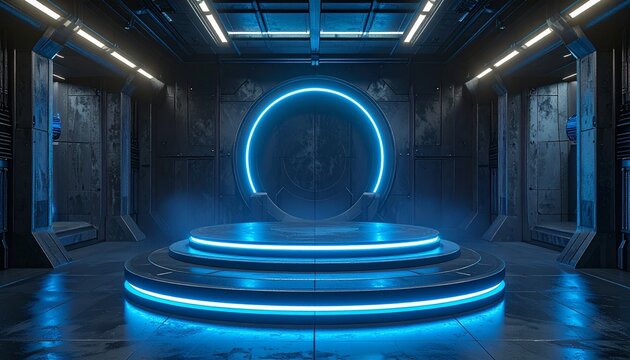 Digital Podium with Glowing Blue Ring and Virtual Grid Floor