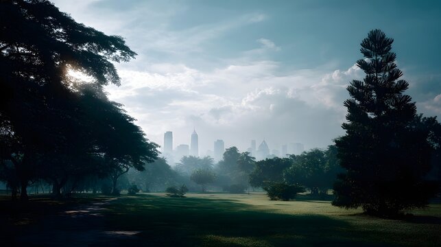 A serene park scene with lush greenery and trees showcasing a distant city skyline bathed in soft morning light and mist