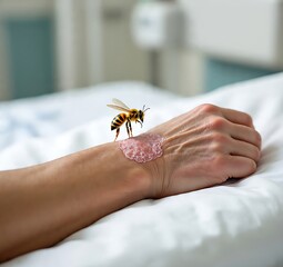 Honey bee on a human arm with a wound in a hospital room