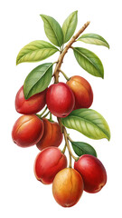 Watercolor Illustration of a Coffee Plant Branch with Ripe Red Cherries