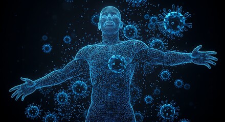 Wireframe Human Body Surrounded by Viruses: A Digital Art Depiction