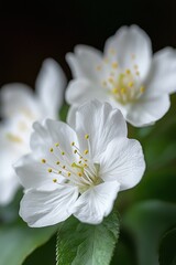 Delicate White Flowers with Yellow Stamen on Green Background