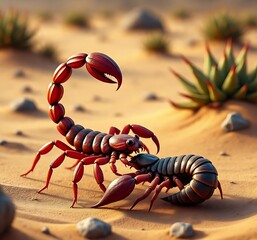 Two scorpions in the desert, one red and one black, facing each other