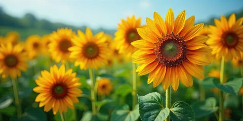 Vibrant Sunflowers in a Lush Field Basking in Golden Sunlight, a Breathtaking Summer Scene of Nature's Beauty