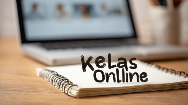 Notebook with "Kelas Online" text on a desk with laptop