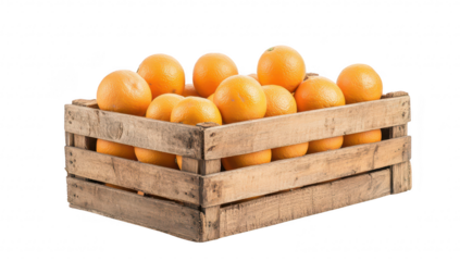 A rustic wooden crate filled with fresh. oranges. placed against a clean. white background. ideal for use in food-related marketing or healthy lifestyle promotions