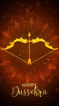 Happy Dussehra Greetings Text Background Animation With Mandala Design and Lord Ram's Bow and Arrow.