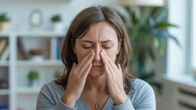 Woman Experiencing Sinus Pressure and Headache Pain, Hands on Face