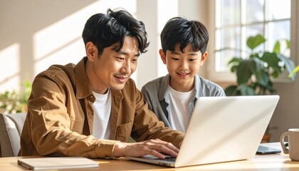Obraz premium Father and son sitting at a desk, looking at a laptop. Two generations using technology together