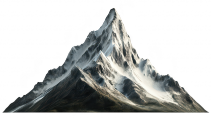 A majestic mountain peak rises sharply against a clear sky. rugged terrain and snow-capped summit. ideal for nature enthusiasts and adventure seekers