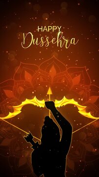 Happy Dussehra Greetings Text Background Animation With Mandala Design and Lord Ram's Bow and Arrow.