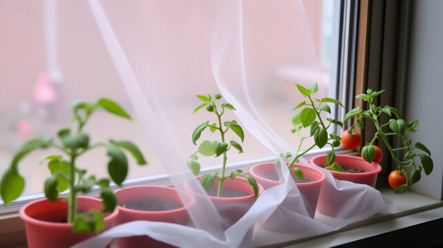 Long Exposure Photo:  Windowsill Tomato Seedlings Outgrowing Their Cover - Inexpensive Home Gardening