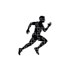 Fototapeta premium A dynamic silhouette of a runner composed of interlocking puzzle pieces symbolizing fitness and determination.