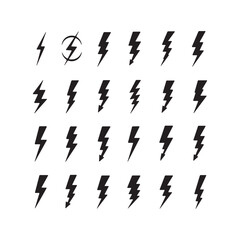 Lightning bolt icon set. Flash and thunderbolt symbols, electric energy silhouettes, and dynamic strike signs. Ideal for power concepts and sports logos. Vector collection.