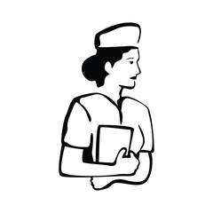 Nurse holding a notepad in black and white side profile