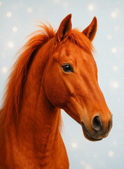 Fototapeta premium Portrait of a beautiful red horse with a mane, greeting card with the symbol of 2026 
