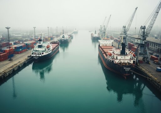 A busy industrial port with large cargo ships docked alongside cranes and shipping containers, illustrating global trade and logistics operations