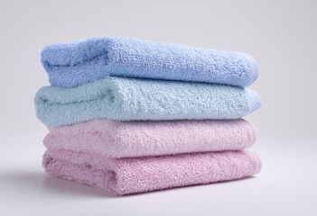 Stacked pastel towels, light blue and pink, on a plain background.  Soft, terrycloth texture is visible
