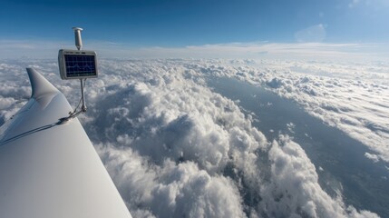 Closeup of a weather sensor mounted on the aircraft wing capturing realtime turbulence data with soft focus on the distant storm clouds in the background.