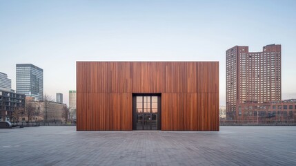 A modern, minimalist wooden building stands in an open urban plaza, surrounded by high-rise city architecture under a clear sky.