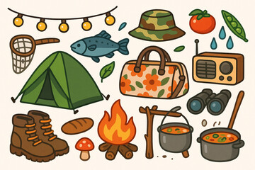 Cartoon Camping Gear Illustration with Outdoor Items and Playful Nature Styling