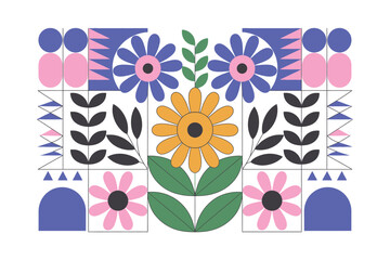 Colorful geometric floral pattern with flowers leaves and shapes on white