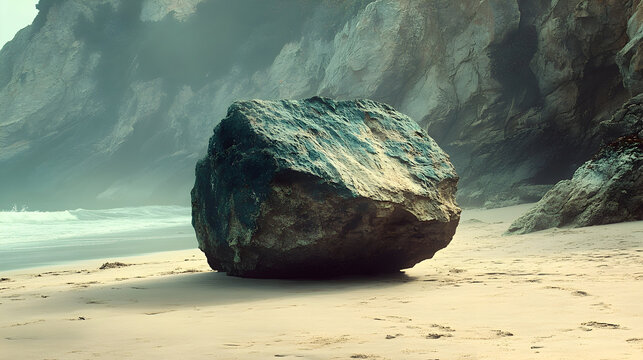 Boulder on sandy beach with mountains backdrop