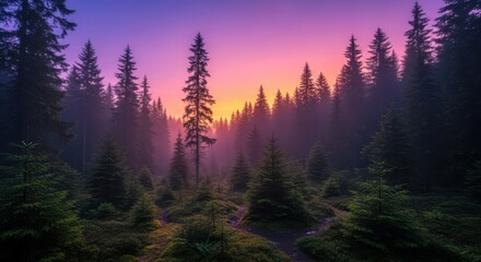 Majestic sunset through dense pine forest silhouettes painting nature's beauty