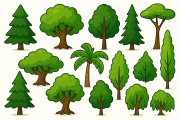 Cartoon Tree Illustration Featuring Diverse Species with Unique Shapes and Vibrant Foliage