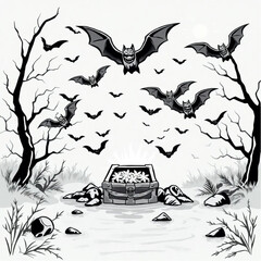 A bat swarm guarding a hidden treasure in a foggy riverbank surrounded by haunted portraits.