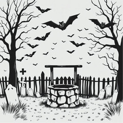 A bat swarm floating near the old well in a foggy graveyard surrounded by creaking wooden gate.