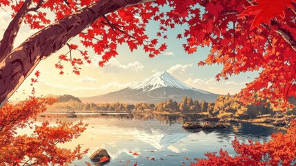 Autumn reflection of mount fuji japan landscape artwork serene lake scenic viewpoint nature's beauty