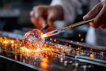 Glassblowing artist shapes molten glass with a torch