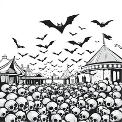 A bat swarm dancing under the moonlight in a haunted amusement park surrounded by pile of skulls.