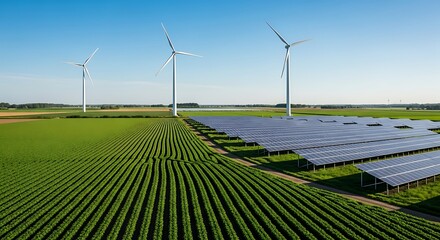 Aerial view showcasing wind turbines and solar panels on a green, vibrant farm landscape.