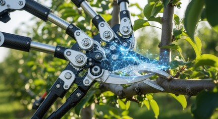 Closeup medium view of automated pruning tools adjusting blade angles autonomously to ensure perfect cuts highlighting advanced AI algorithms at work.