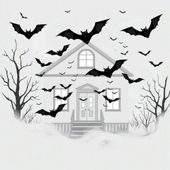 A bat swarm chasing through the mist in a abandoned schoolhouse surrounded by swirling mist.