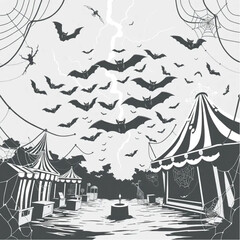 A bat swarm appearing in a sudden flash of lightning in a abandoned carnival surrounded by spider webs.