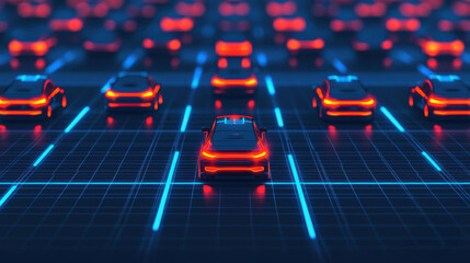 Futuristic cars with glowing lights drive on a digital grid, representing advanced technology and autonomous vehicles.