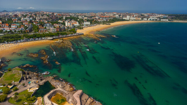 Santander, Spain - June 11, 2025: Aerial drone view of Santander city and  amazing clean Atlantic  ocean
