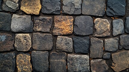 A close-up view of a cobblestone surface featuring a mix of dark and light stones, showcasing texture and pattern.